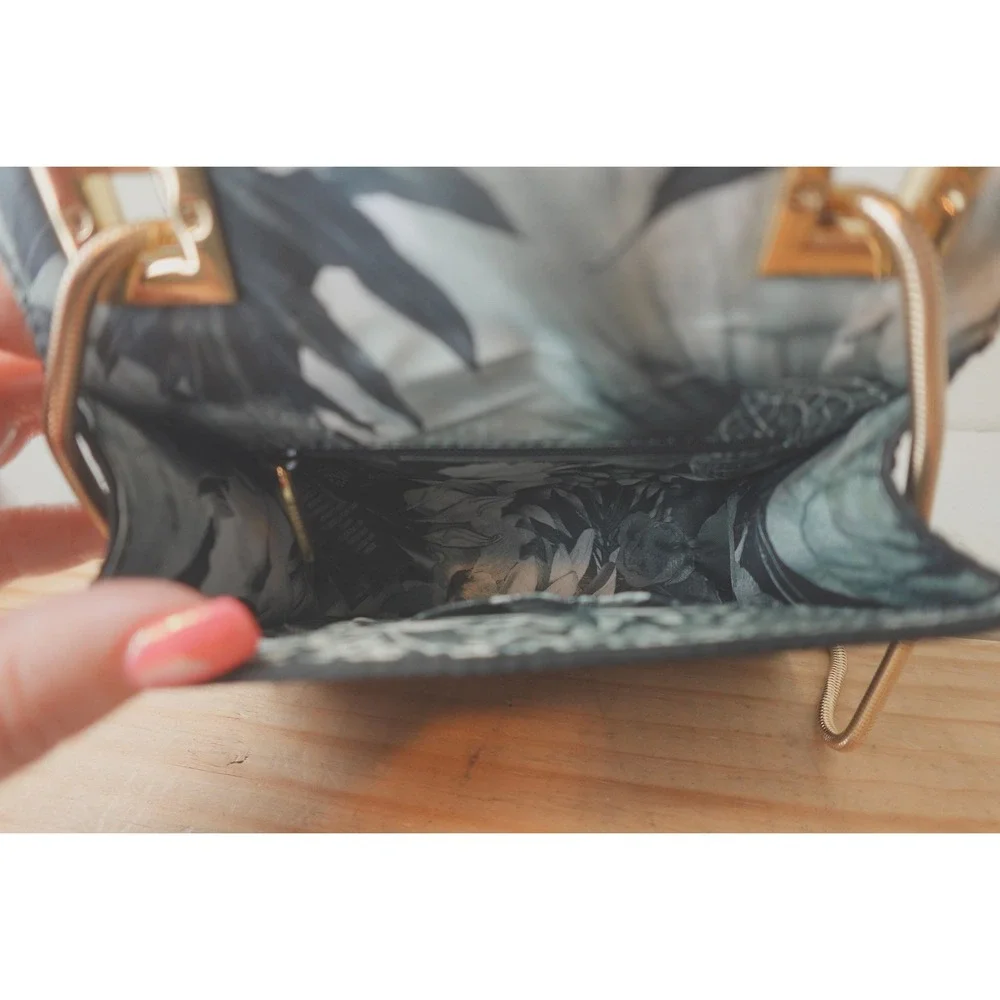 Ted Baker Gem Brooch Clutch Purse Black Satin Gold Tone Chain Rhinestone Flower